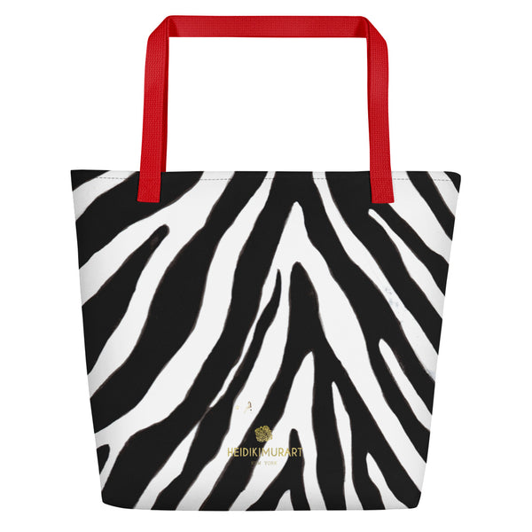 Designer Black White Zebra Animal Pattern Print Large Tote 16"x20" Beach Bag- Made in USA/EU-Beach Tote Bag-Heidi Kimura Art LLC