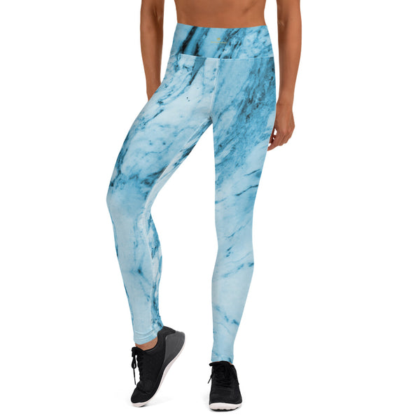 Blue Marble Yoga Leggings, Abstract Print Women's Yoga Pants-Heidi Kimura Art LLC-Heidi Kimura Art LLC