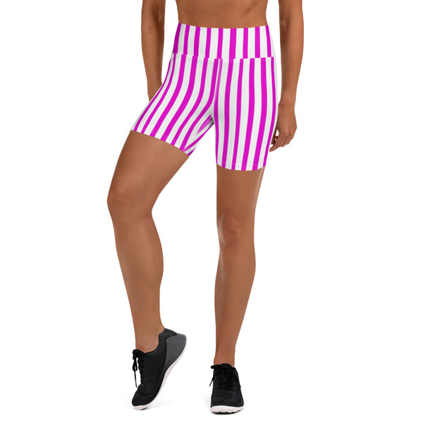 Hot Pink Striped Yoga Shorts, Modern Stripes Women's Workout Shorts-Heidikimurart Limited -Heidi Kimura Art LLC Hot Pink Striped Yoga Shorts, Modern Stripes Hot Pink Striped Best Bestselling Women's Sexy Premium Quality Yoga Shorts, Gym Fitness Tights, Short Workout Hot Pants, Made in USA/ EU/MX (US Size: XS-XL) 