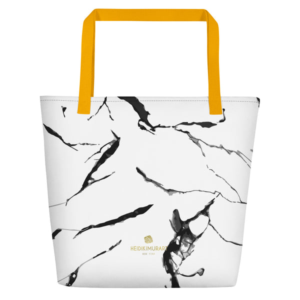 White Marble Print Best 16"x20" Large Beach Tote Bag With Inside Pocket-Made in USA/EU-Beach Tote Bag-Yellow-Heidi Kimura Art LLC