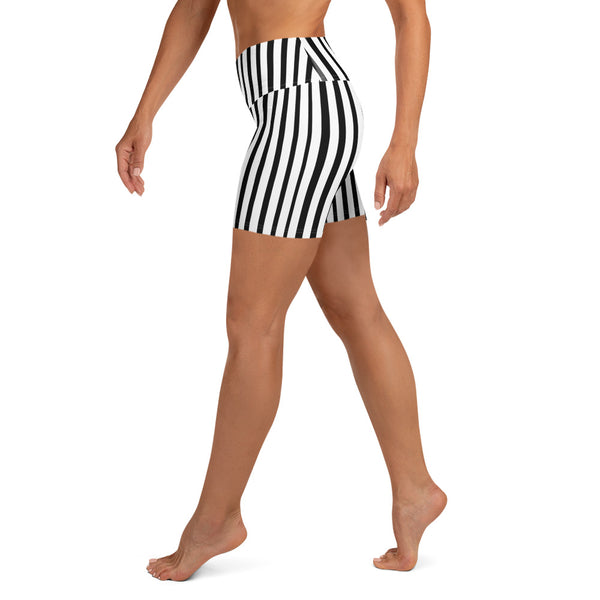 Black White Vertical Stripe Print Best Premium Women's Yoga Shorts- Made in USA/ EU-Yoga Shorts-Heidi Kimura Art LLC