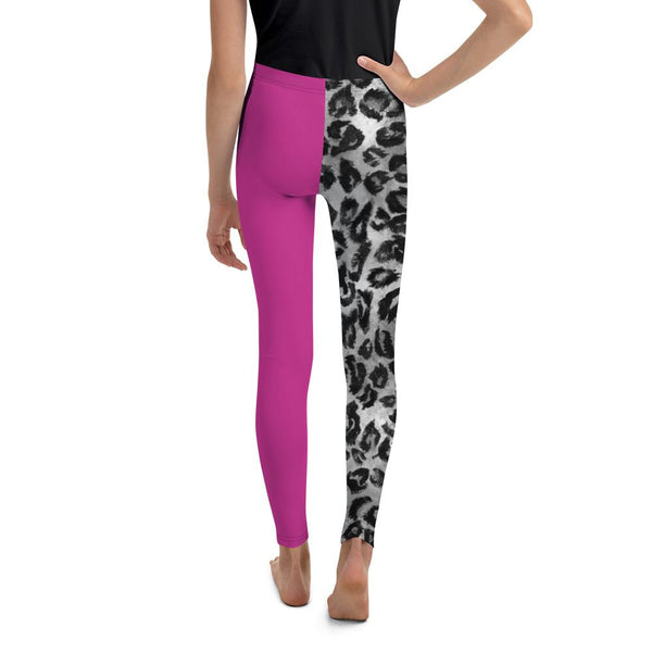 Hybrid Gray Leopard Hot Pink Print Youth Leggings Tights Best Pants- Made in USA/EU-Youth's Leggings-Heidi Kimura Art LLC