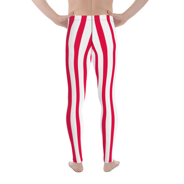 Red & White Stripes Men's Running Leggings & Run Tights Meggings Activewear-Men's Leggings-Heidi Kimura Art LLC