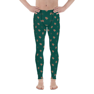 Brown Gingerbread Men Cookie Christmas Print Men's Running Christmas Meggings-Men's Leggings-XS-Heidi Kimura Art LLC Brown Gingerbread Meggings, Brown Gingerbread Men Cookie Dark Green Christmas Print Men's Running Christmas Men's Running Leggings & Run Tights Meggings Activewear- Made in USA/ Europe (US Size: XS-3XL)