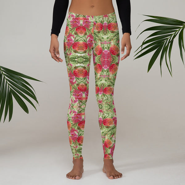 Flower Print Women's Causal Leggings-Heidikimurart Limited -Heidi Kimura Art LLCFlower Print Women's Casual Leggings, Rose Pink Green Floral Long Tights, Women's Long Dressy Casual Fashion Leggings/ Running Tights - Made in USA/ EU/ MX (US Size: XS-XL)