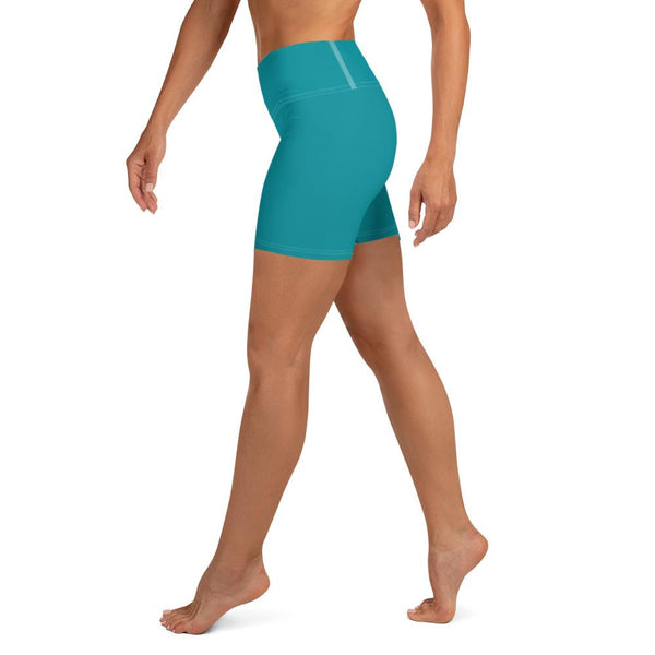 Teal Blue Solid Color Premium Quality Fitness Workout Yoga Shorts- Made in USA-Yoga Shorts-Heidi Kimura Art LLC Teal Blue Yoga Shorts, Teal Blue Solid Color Premium Quality Women's High Waist Spandex Fitness Workout Yoga Shorts, Yoga Tights, Fashion Gym Quick Drying Short Pants With Pockets - Made in USA/EU (US Size: XS-XL)