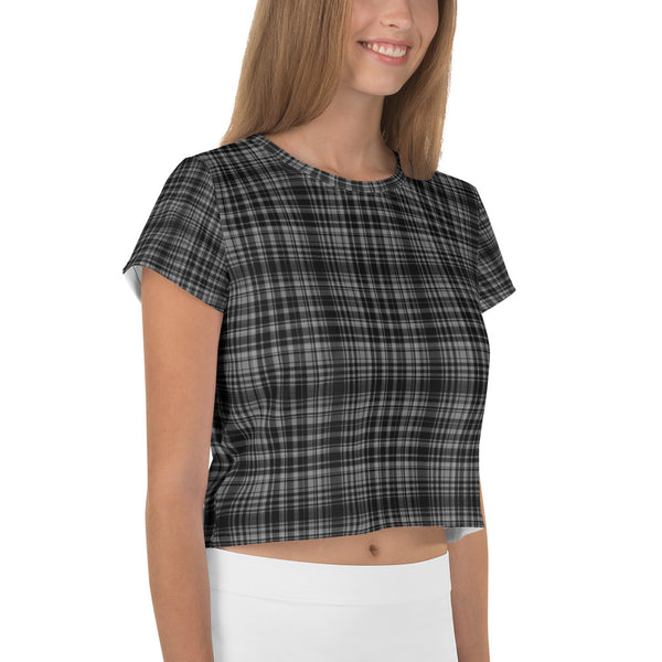 Classic Black Plaid Print Outfit Crop Tee Top Women's T-Shirt, Made in Europe-Crop Tee-Heidi Kimura Art LLC