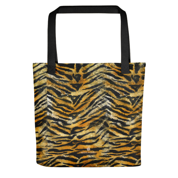 Tiger Stripe Print Tote Bag, Animal Print Pattern 15" x 15" Market Tote Bag - Made in USA/EU-Tote Bag-Black-Heidi Kimura Art LLC
