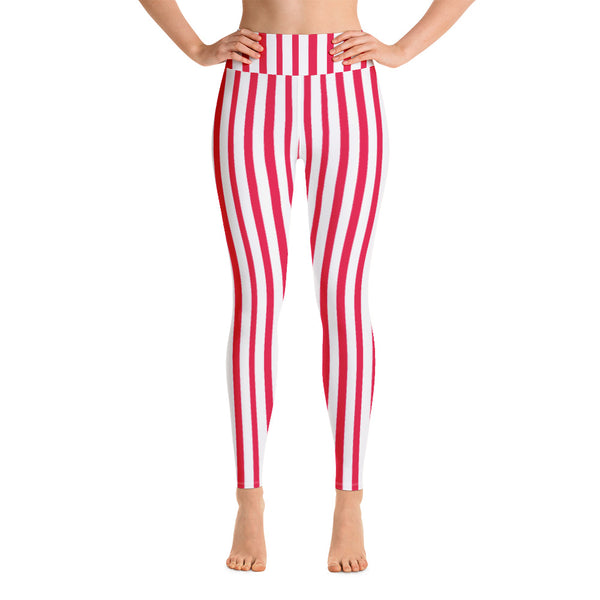 Red White Striped Yoga Leggings, Circus Vertically Stripes Women's Long Pants-Heidikimurart Limited -Heidi Kimura Art LLC Red White Striped Yoga Leggings, Circus Vertically Stripes Patterned Colorful Ladies' Abstract Print Gym Active Fitted Leggings Sports Yoga Pants - Made in USA/EU/MX (US Size: XS-XL)
