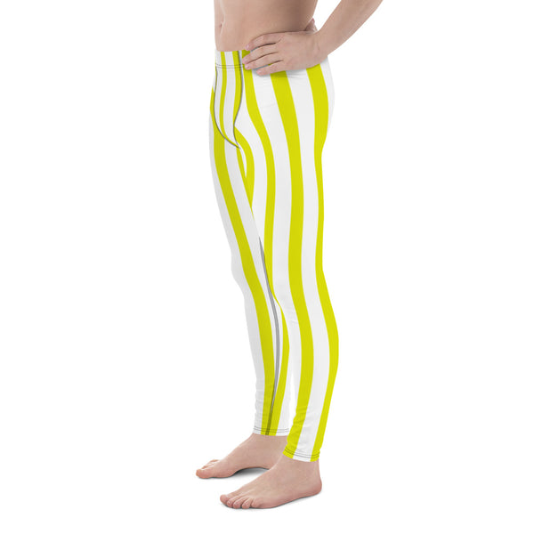 Yellow & White Stripes Men's Running Leggings & Run Tights Meggings-Made in USA/EU-Men's Leggings-Heidi Kimura Art LLC