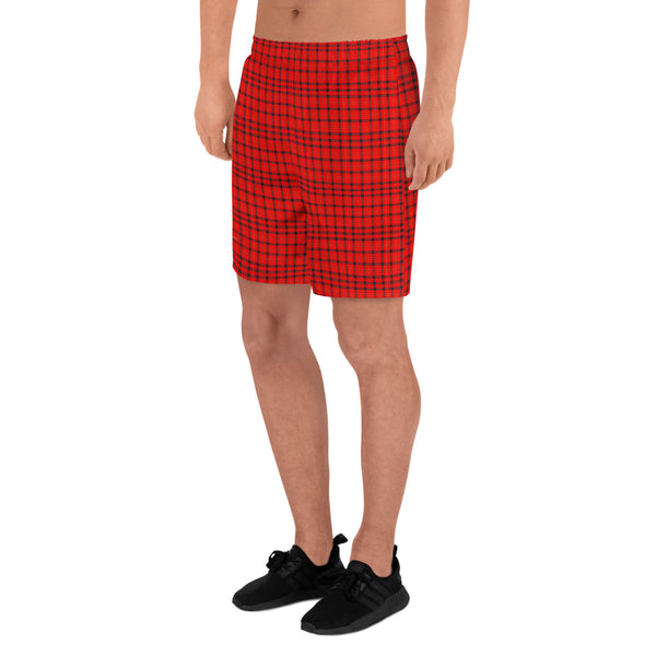 Red Plaid Men's Shorts, Tartan Scottish Style Men's Athletic Long Shorts-Heidi Kimura Art LLC-Heidi Kimura Art LLC Red Plaid Print Shorts, Traditional Preppy Tartan Plaid Print Men's Athletic Best Long Shorts- Made in EU (US Size: XS-3XL)