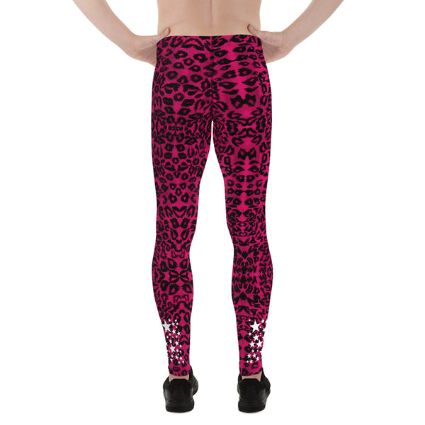 Hot Pink Leopard Star Meggings, Premium Men's Leggings Run Tights-Made in USA/EU-Heidi Kimura Art LLC-Heidi Kimura Art LLC Hot Pink Leopard Star Meggings, Leopard Animal Print 38-40 UPF Fitted Elastic Men's Leggings Sexy Workout Compression Tights/ Pants- Made in USA/EU (US Size: XS-3XL)