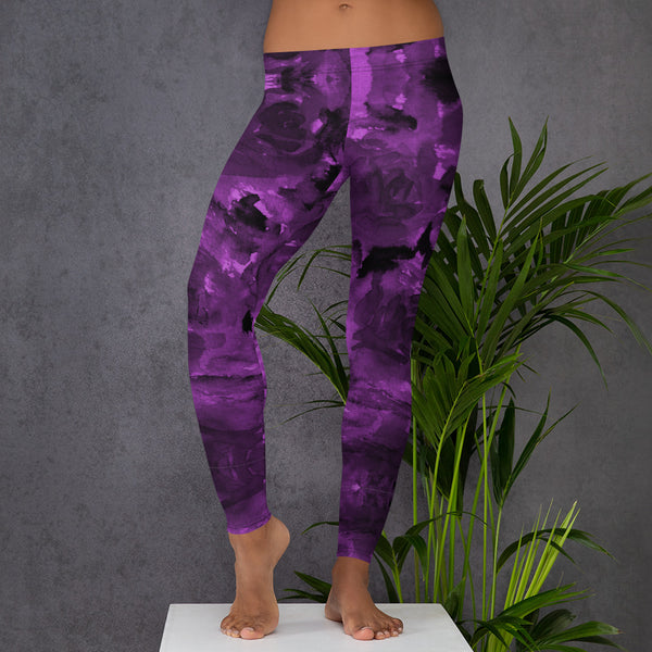 Purple Floral Causal Leggings, Women's Fashion Tights-Made in USA/EU-Heidi Kimura Art LLC-Heidi Kimura Art LLC