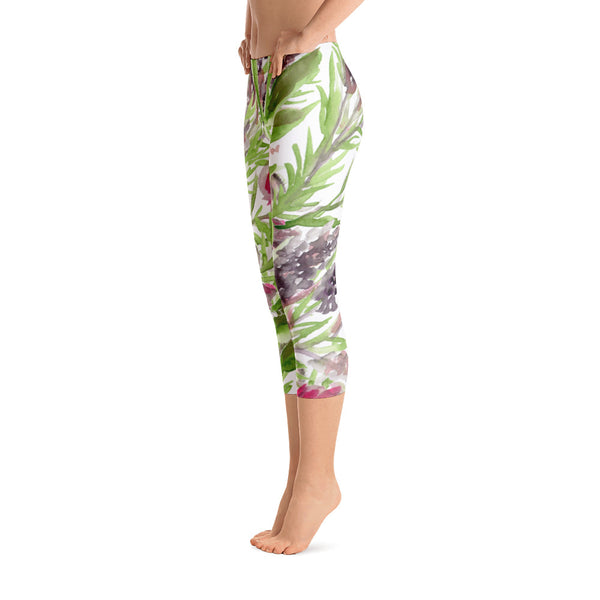 Purple Lavender Floral Capri Tights, Designer Capris Leggings For Women-Made in USA/EU-capri leggings-Heidi Kimura Art LLC
