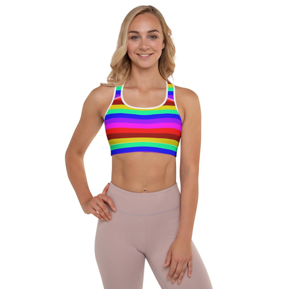 Gay Pride Rainbow Stripe Horizontal Print Women's Padded Sports Bra-Made in USA/EU-Sports Bras-White-XS-Heidi Kimura Art LLC