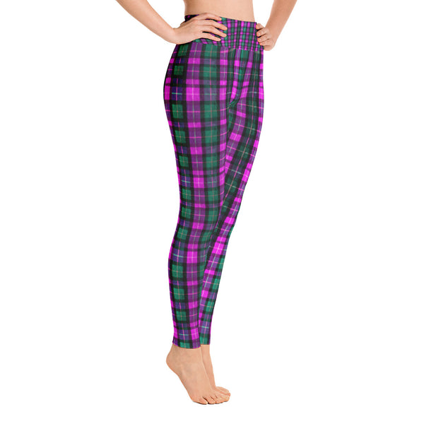 Women's Pink Plaid Active Wear Fitted Leggings Sports Long Yoga Pants - Made in USA (S-XL)-Leggings-Heidi Kimura Art LLC Pink Plaid Women's Leggings, Women's Pink Plaid Active Wear Fitted Leggings Sports Long Yoga Pants - Made in USA/EU (US Size: S-XL)
