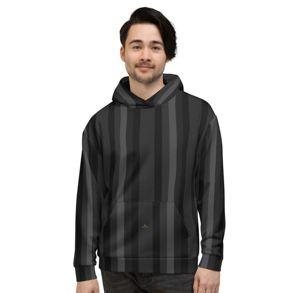 Black Gray Striped Hoodie, Vertical Stripe Print Premium Unisex Sweatshirt-Made in EU-Unisex Hoodie-Heidi Kimura Art LLC
