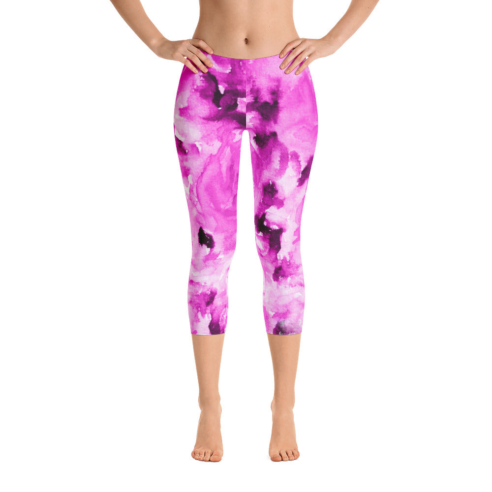 Pink Flower Women's Capris Tights, Princess Rose Floral Designer Casual  38–40 UPF Capri Leggings Activewear Outfit - Made in USA/EU/MX (US Size:  XS-XL)