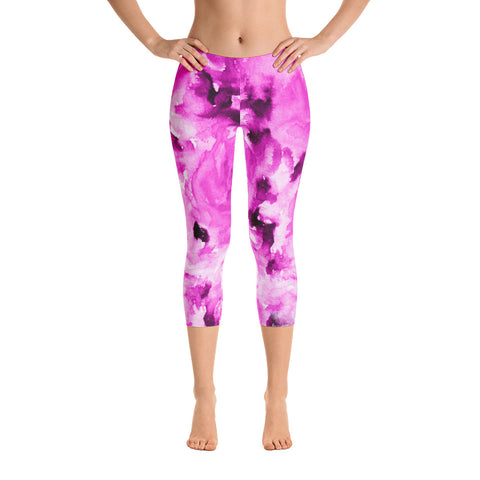 Pink Rose Floral Designer Capri Leggings Casual Fashion Outfits-Made in USA/EU (US Size: XS-XL)-capri leggings-Heidi Kimura Art LLC Pink Rose Floral Capris Tights, Pink Rose Floral Flower Print Designer Capri Leggings Soft Comfy Stretchy Pants Casual Fashion Outfits For Women- Made in USA/EU/MX (US Size: XS-XL)