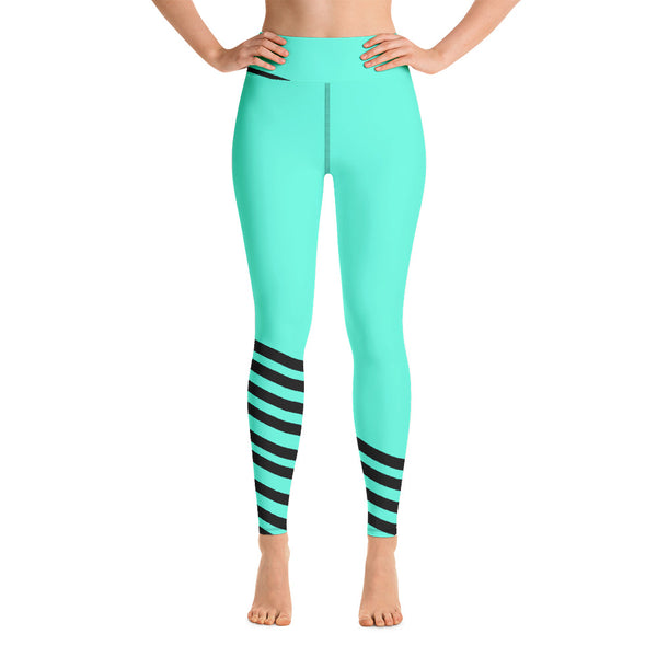 Blue Striped Yoga Leggings, Women's Long Yoga Pants-Made in USA/EU-Heidi Kimura Art LLC-Heidi Kimura Art LLC