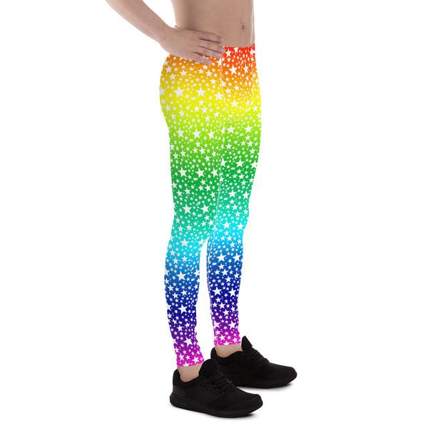 Rainbow White Stars Meggings, Gay Pride Men's Leggings Tights-Made in USA/EU-Heidi Kimura Art LLC-Heidi Kimura Art LLC Rainbow White Stars Meggings, Gay Pride Parade Men's Tights, Rainbow Ombre Star Print 38-40 UPF Fitted Elastic Men's Leggings Sexy Workout Compression Tights/ Pants- Made in USA/EU (US Size: XS-3XL)