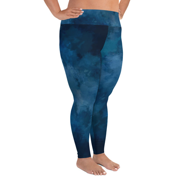 Blue Plus Size Women's Leggings, Abstract Long Yoga Pants For Curvy Women-Made in USA/EU-Women's Plus Size Leggings-Heidi Kimura Art LLC