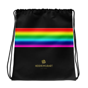 Black Rainbow Stripe Gay Pride Print Designer 15”x17” Drawstring Bag- Made in USA/EU-Drawstring Bag-Heidi Kimura Art LLC Black Rainbow Stripe Drawstring Bag, Black Rainbow Stripe Gay Pride Print Women's 15”x17” Designer Premium Quality Best Drawstring Bag-Made in USA/Europe