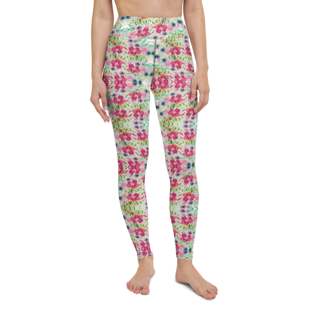 Pink Floral Yoga Leggings-Heidikimurart Limited -XS-Heidi Kimura Art LLC Pink Floral Yoga Leggings, Pink Flower Rose Print Modern Women's Gym Workout Active Wear Fitted Leggings Sports Long Yoga & Barre Pants - Made in USA/EU/MX (US Size: XS-6XL)