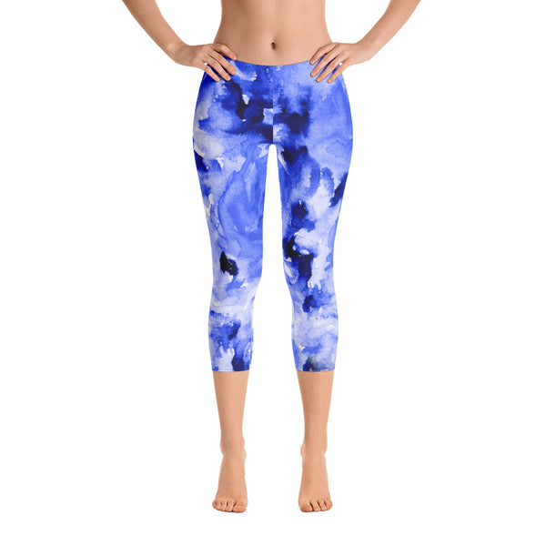 Ocean Blue Rose Floral Print Capri Leggings Activewear - Made in USA (US Size: XS-XL)-capri leggings-Heidi Kimura Art LLC