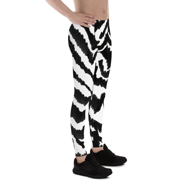 White Black Zebra Animal Print Men's Leggings Tights Meggings Pants - Made in USA/EU-Men's Leggings-Heidi Kimura Art LLC
