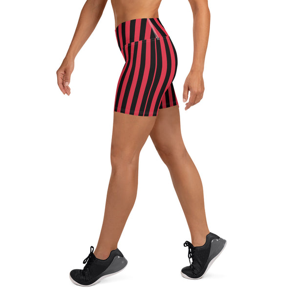 Black Red Striped Yoga Shorts, Circus Vertical Stripes Women's Tights-Made in USA/EU-Heidi Kimura Art LLC-Heidi Kimura Art LLC Black Red Striped Yoga Shorts, Circus Vertical Stripes Modern Classic Premium Quality Women's High Waist Spandex Fitness Workout Yoga Shorts, Yoga Tights, Fashion Gym Quick Drying Short Pants With Pockets - Made in USA (US Size: XS-XL)
