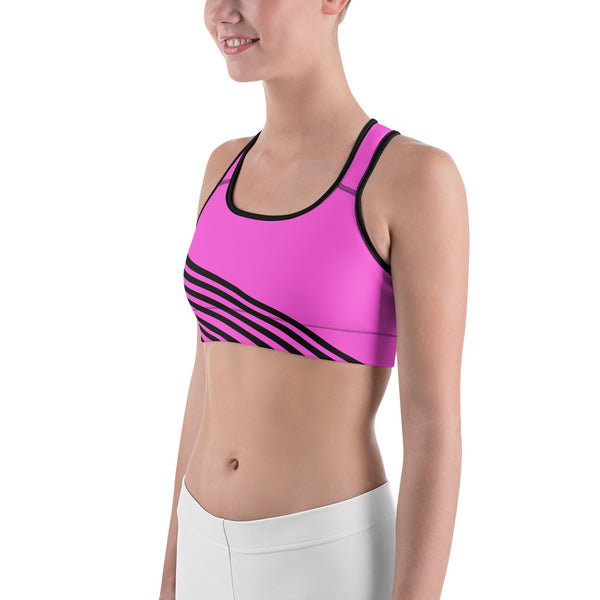 Girl Hot Pink Black Diagonal Striped Print Women's Sports Bra-Made in USA-Sports Bras-Heidi Kimura Art LLC