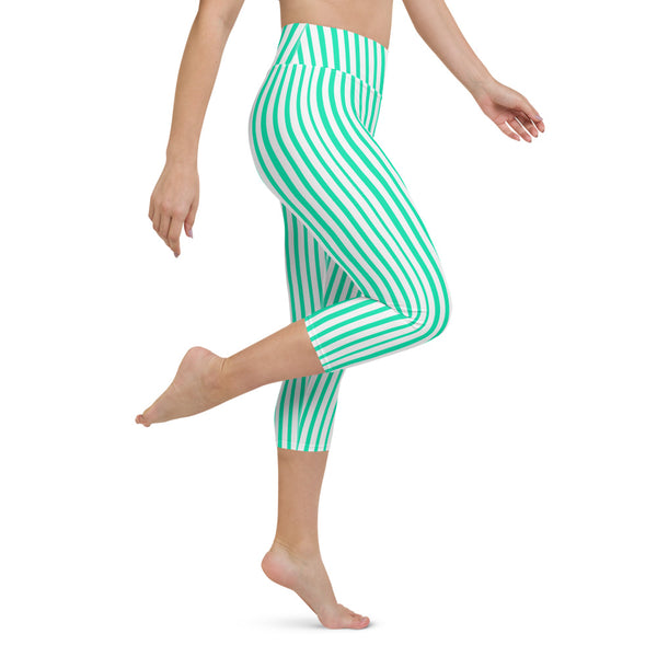 Blue Striped Yoga Capri Leggings, Circus Women's Yoga Tights-Made in USA/EU-Heidi Kimura Art LLC-Heidi Kimura Art LLC Blue Striped Yoga Capri Leggings, Circus Stripes Print Capri Leggings Yoga Pants - Made in USA/EU (US Size: XS-XL)
