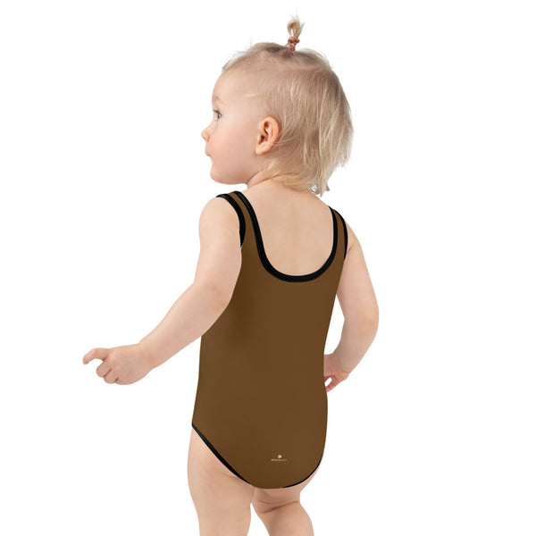 Earth Brown Girl's Swimwear, Modern Simple Solid Color Print Girl's Kids Luxury Premium Modern Fashion Swimsuit Swimwear Bathing Suit Children Sportswear- Made in USA/EU (US Size: 2T-7)