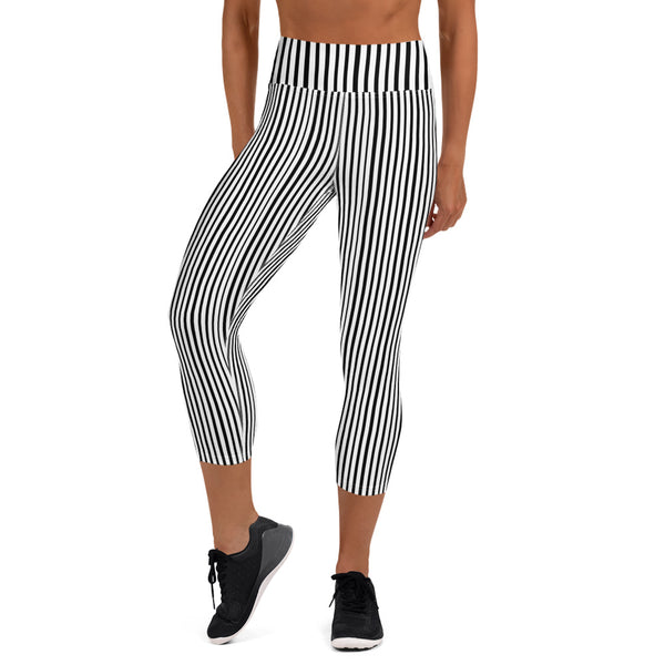 Black White Vertical Stripe Print Women's Yoga Capri Leggings Pants- Made in USA/EU-Capri Yoga Pants-XS-Heidi Kimura Art LLC