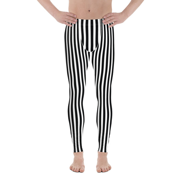 Best Striped Men's Leggings, Black White Athletic Running Tights For Men-Heidikimurart Limited -Heidi Kimura Art LLC