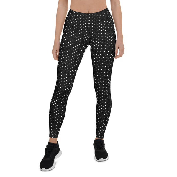 Black White Dots Women's Leggings, Casual Long Leggings-Made in USA/EU-Heidi Kimura Art LLC-Heidi Kimura Art LLC