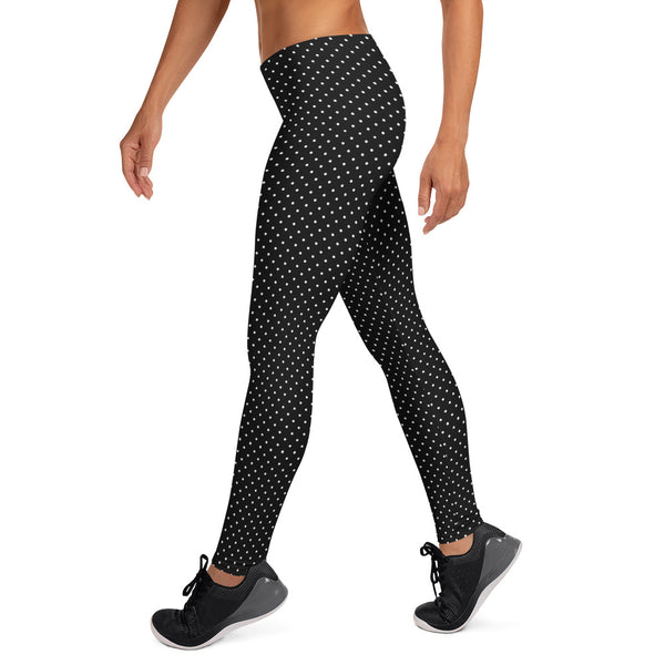 Black White Dots Women's Leggings, Casual Long Leggings-Made in USA/EU-Heidi Kimura Art LLC-Heidi Kimura Art LLC