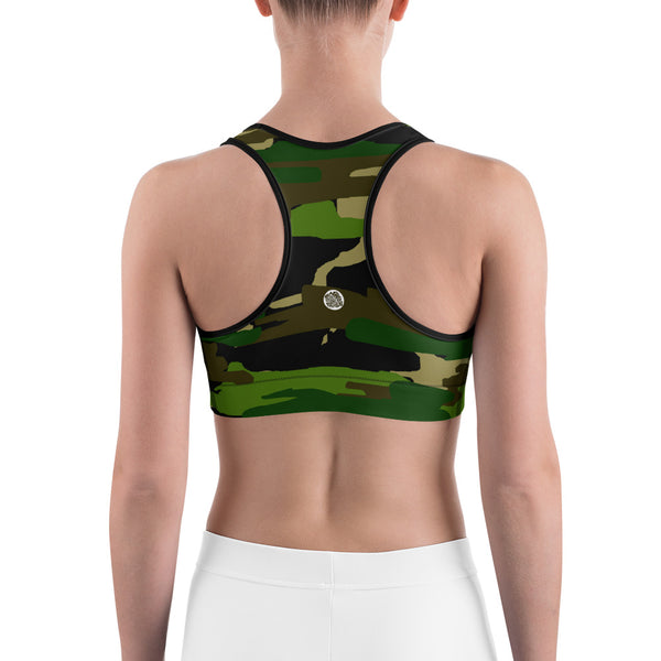 Green Military Army Print Camo Print Women's Gym Yoga Sports Bra -Made in USA/ EU-Sports Bras-Heidi Kimura Art LLC