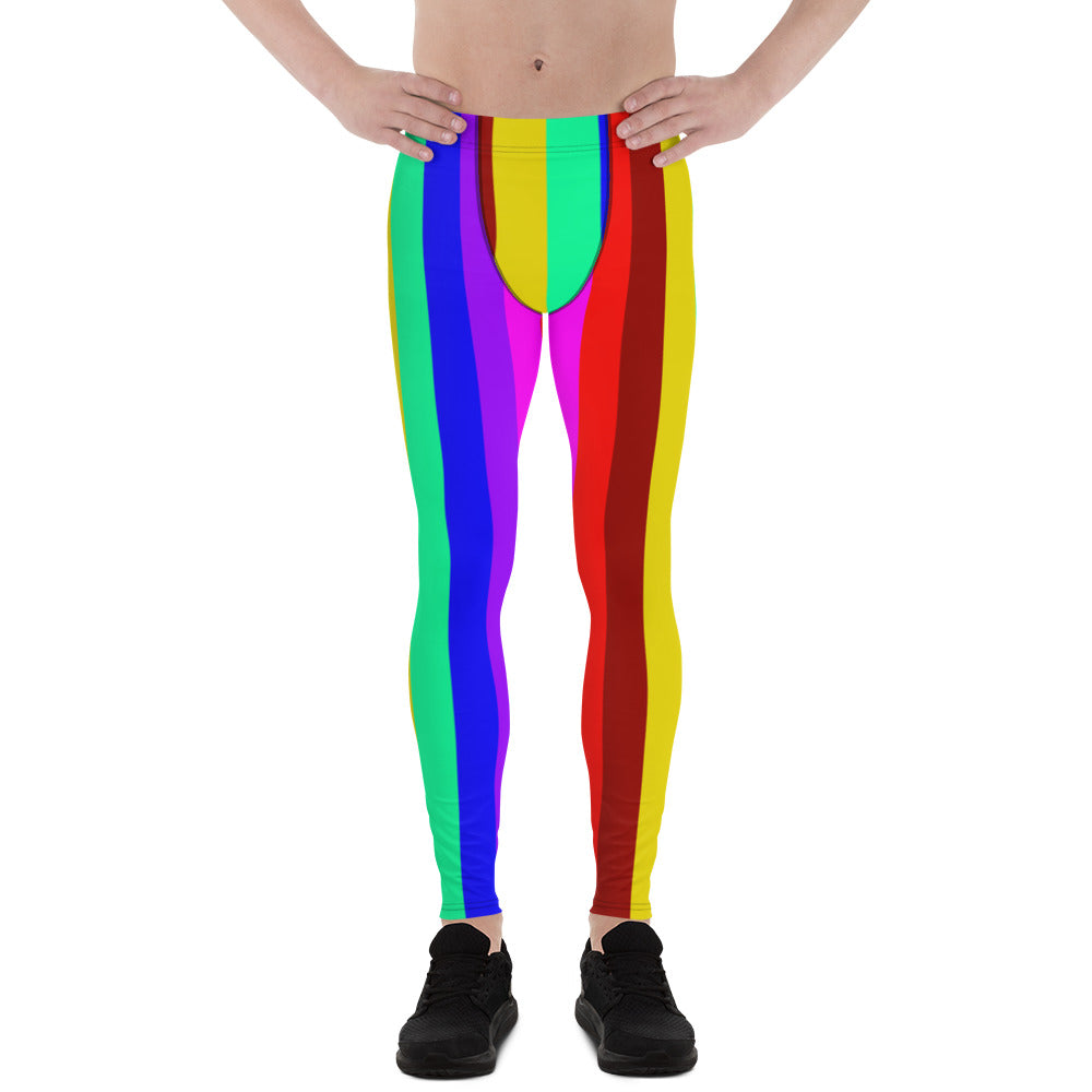 Colorful Rainbow Stripes Print Men's Running Leggings Meggings Activewear Pants-Men's Leggings-XS-Heidi Kimura Art LLC Colorful Rainbow Striped Meggings, Colorful Rainbow Stripes Men's Running Leggings & Run Tights Meggings Activewear- Made in USA/ Europe (US Size: XS-3XL)