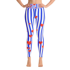 Women's Patriotic Blue & White Striped Red Hearts Long Yoga & Barre Pants -Made in USA-Leggings-XS-Heidi Kimura Art LLC Blue Striped Women's Leggings, Women's American Flag Patriotic Blue & White Striped Red Hearts Active Wear Fitted Leggings Sports Long Yoga & Barre Pants - Made in USA/EU (US Size: XS-6XL)
