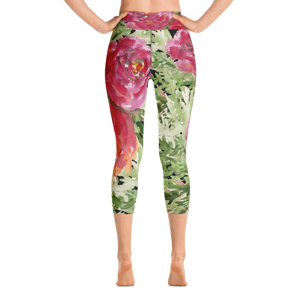 Red Rose Floral Print Women's Yoga Capri Leggings Floral Gym Pants - Made in USA-Capri Yoga Pants-Heidi Kimura Art LLC Red Rose Floral Capris Tights, Flower Print Women's Yoga Capri Leggings Pants - Made in USA/EU/MX (US Size: XS-XL)