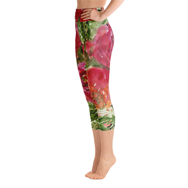 Red Rose Floral Print Women's Yoga Capri Leggings Floral Gym Pants - Made in USA-Capri Yoga Pants-Heidi Kimura Art LLC