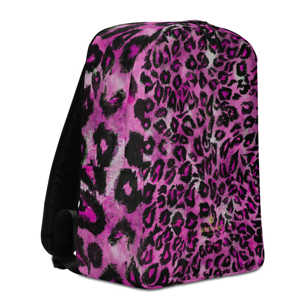 Pink Leopard Backpack, Animal Print Designer Minimalist Backpack