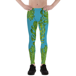Blue Tropical Meggings, Blue Green Tropical Palm Leaf Men's Skinny Compression Tights Meggings Leggings-Made in USA/EU (US Size: XS-3XL) Blue Green Tropical Leaf Print Designer Men's Leggings-Made in USA/EU (US Size: XS-3XL)-Men's Leggings-XS-Heidi Kimura Art LLC 