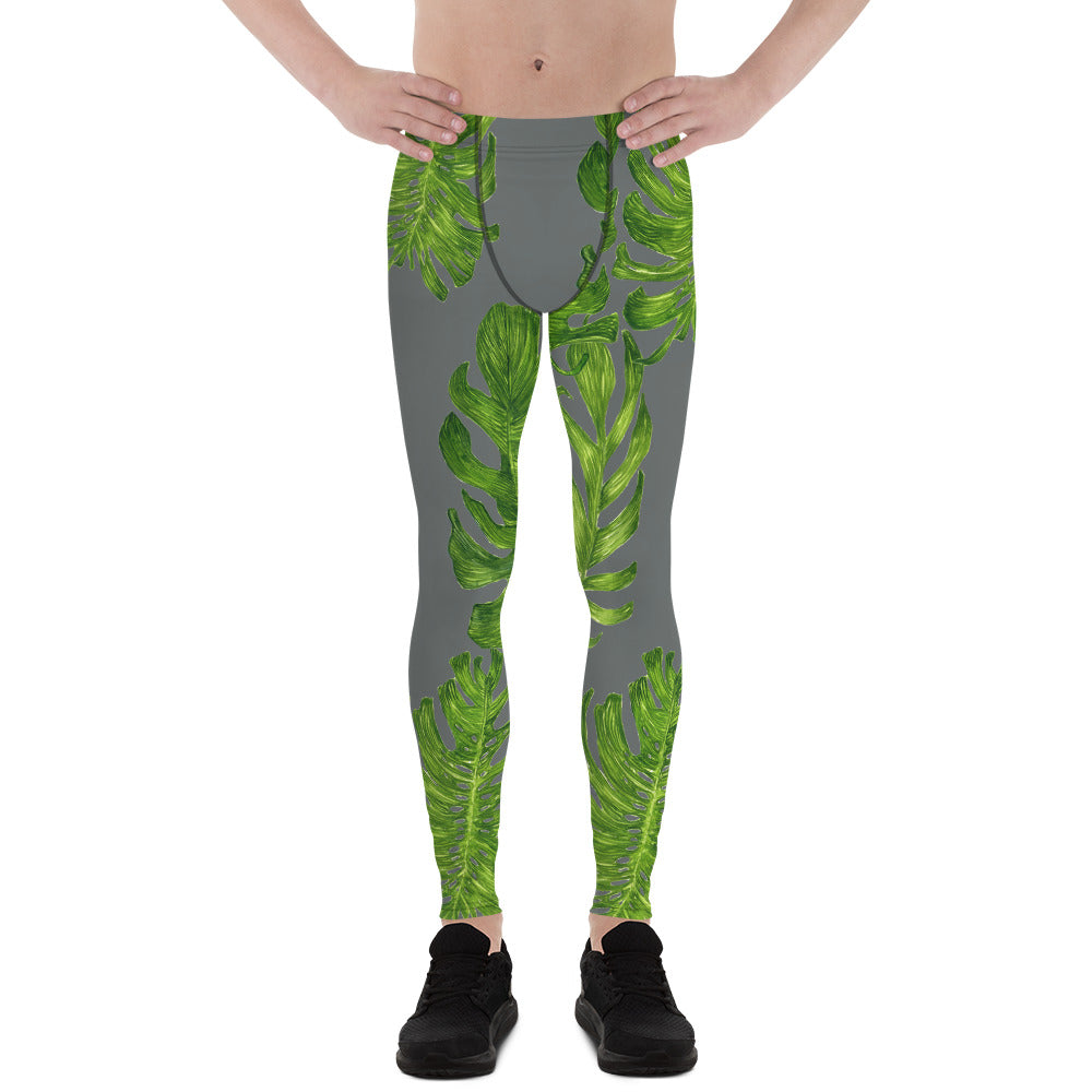 Medium Gray Green Tropical Leaf Print Men's Leggings-Made in USA/EU (US Size: XS-3XL)-Men's Leggings-XS-Heidi Kimura Art LLC