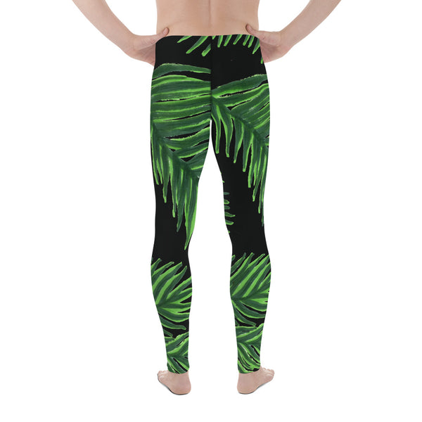 Green Tropical Leaf Meggings, Hawaiian Premium Black Men's Leggings-Made in USA/EU-Men's Leggings-Heidi Kimura Art LLC