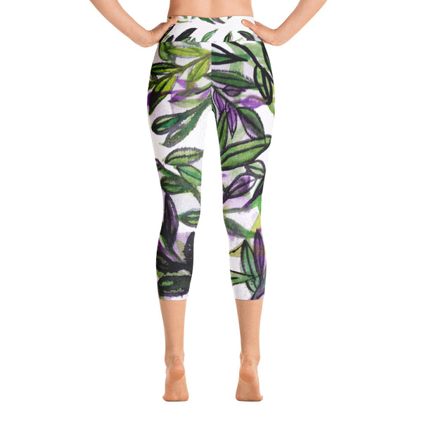 Tropical Leaves Print Yoga Pants Capri Designer Leggings Athletic Outfit - Made in USA-Capri Yoga Pants-Heidi Kimura Art LLC Tropical Leaves Print Capris Tights, Best Tropical Leaves Print Women's Yoga Pants Capri Designer Leggings Athletic Gym Workout Outfit - Made in USA/EU/MX (US Size: XS-XL)