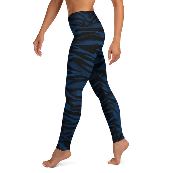Blue Tiger Striped Yoga Leggings, Animal Print Women's Long Fitness Gym Pants-Made in USA/EU-Heidi Kimura Art LLC-Heidi Kimura Art LLC