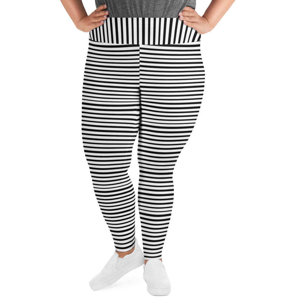 Horizontal Striped Plus Size Leggings, Black White Women's Yoga Pants- Made  in USA/EU